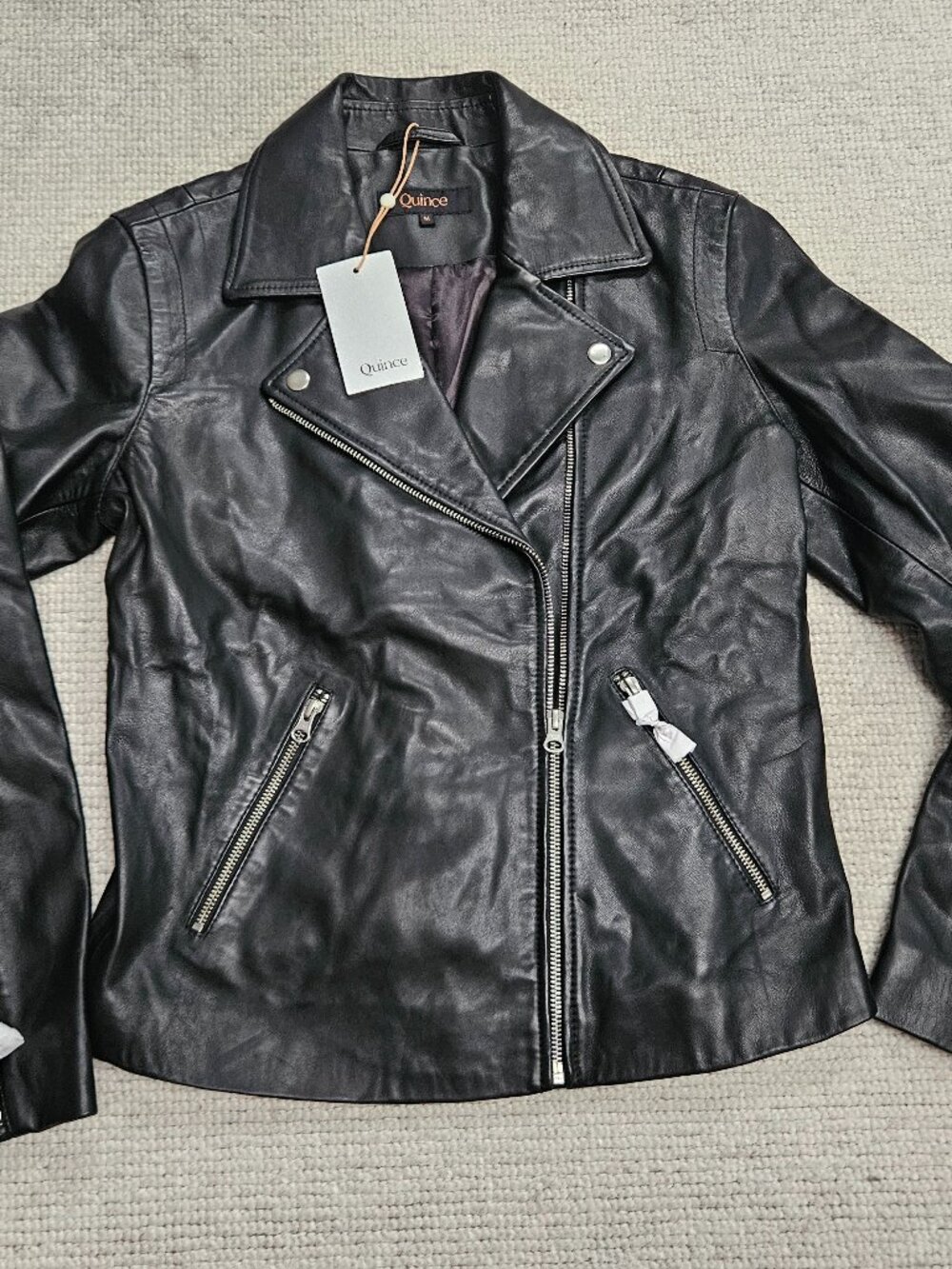 Quince Washed Leather Biker Jacket Black Medium M NEW Classic Moto